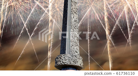 Fireworks over the War memorial in Victory Park on Poklonnaya Hill (Gora), Moscow, Russia. 61736110