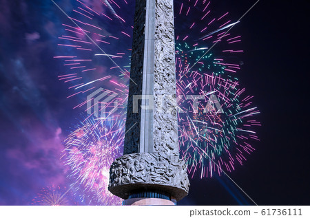 Fireworks over the War memorial in Victory Park on Poklonnaya Hill (Gora), Moscow, Russia. 61736111