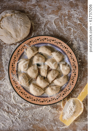 Raw dumplings are laid out on a plate, top view. 61737006