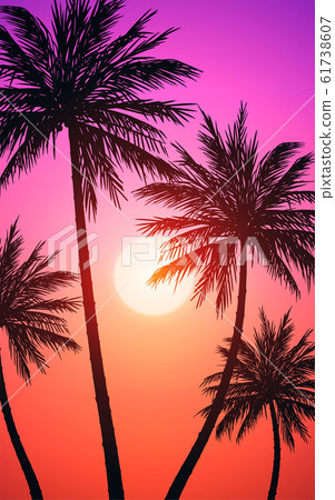 Natural Coconut trees mountains horizon hills silhouettes of trees and hills in the evening Sunrise and sunset Landscape wallpaper Illustration vector style Colorful view background 61738607