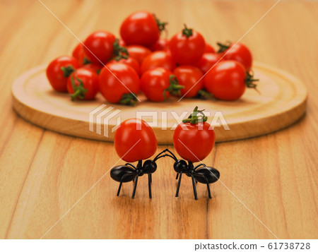 Two decorative funny ants on the table holding cocktail tomatoes Two decorative funny ants on the table holding cocktail tomatoes 61738728