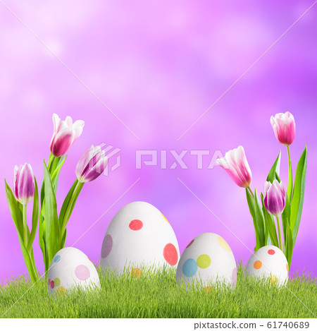 Flowers and easter eggs in grass 61740689