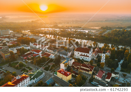 Pinsk, Brest Region, Belarus. Pinsk Cityscape Skyline In Autumn Morning. Bird's-eye View Of Cathedral Of Name Of The Blessed Virgin Mary And Monastery Of The Greyfriars. Famous Historic Landmarks Pinsk, Brest Region, Belarus. Pinsk Cityscape Skyline In Autumn Morning. Bird's-eye View Of Cathedral Of Name Of The Blessed Virgin Mary And Monastery Of The Greyfriars. Famous Historic Landmarks 61742293