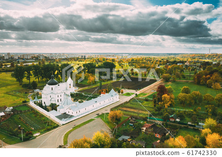 Mahiliou, Belarus. Mogilev Cityscape With Famous Landmark St. Nicholas Monastery. Aerial View Of Skyline In Autumn Day. Bird's-eye View 61742330