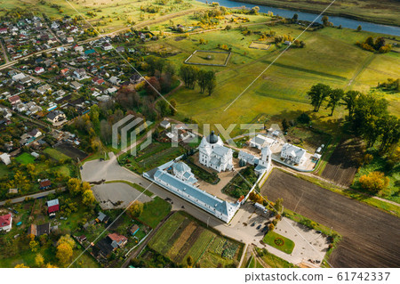 Mahiliou, Belarus. Mogilev Cityscape With Famous Landmark St. Nicholas Monastery. Aerial View Of Skyline In Autumn Day. Bird's-eye View Mahiliou, Belarus. Mogilev Cityscape With Famous Landmark St. Nicholas Monastery. Aerial View Of Skyline In Autumn Day. Bird's-eye View 61742337