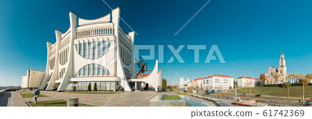 Grodno, Belarus. Grodno Regional Drama Theater And Catholic Church Of Discovery Of Holy Cross And Bernardine Monastery In Sunny Autumn Day. Panorama, Panoramic View. Skyline Cityscape 61742369