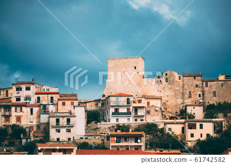 Monte San Biagio, Italy. Top View Of Residential Area. Cityscape In Autumn Day Under Blue Cloudy Sky. 61742582