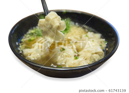 Shrimp Wonton Noodles on black bowl. 61743139