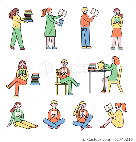 Male and female readers dressed in stylish clothes and reading. literature fans. Colored illustration in modern style. 61743219