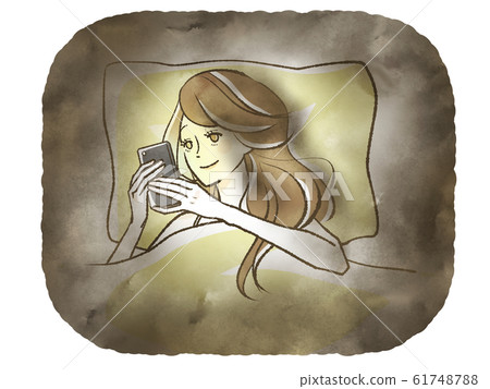 A woman operating a smartphone while sleeping in the dark 61748788