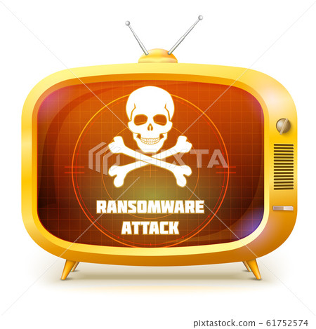Yellow retro TV with alert about ransomware attack Yellow retro TV with alert about ransomware attack 61752574