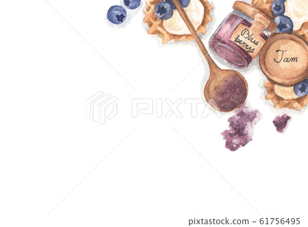 Blueberry jam in jar, waffles and fresh blueberries. Watercolor illustration. 61756495