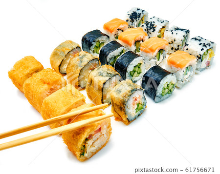 Set of tasty rolls on white background 61756671
