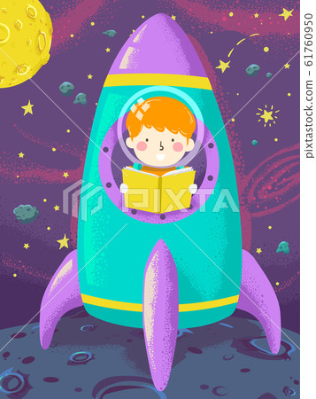 Kid Boy Read Book Space Ship Illustration 61760950