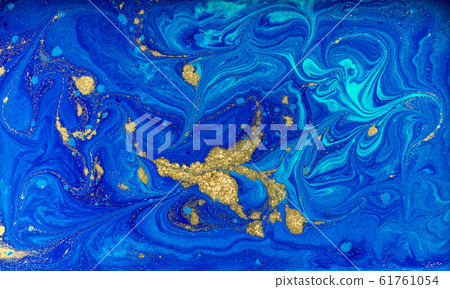 Night blue sky with stars imitation. Acrylic fluid art. Marble blue and gold pattern. 61761054