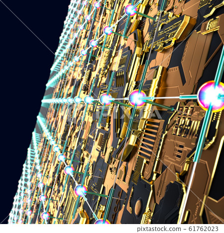 Circuit board futuristic server code processing. Angled view multicolor technology black background. 3d 61762023