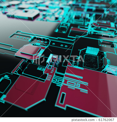 Circuit board futuristic server code processing. Neon color technology background. 3d rendering 61762067