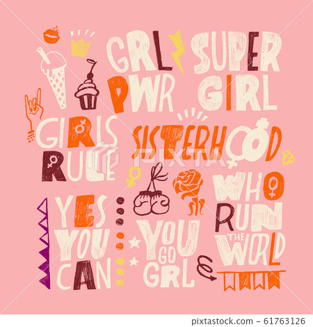 Collection of lettering hand drawn designs of feminism and body positivity movement. Set of colorful stickers with feminist and body positive slogans or phrases. Vector illustration in cartoon style 61763126