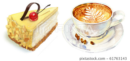 Cup of coffee and cheesecake isolated on white background, watercolor illustration in hand-drawn style. 61763143