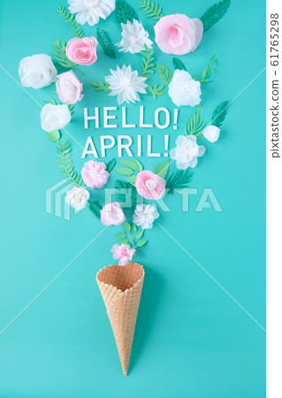 Hello, April. With white and rose paper flowers Hello, April. With white and rose paper flowers 61765298