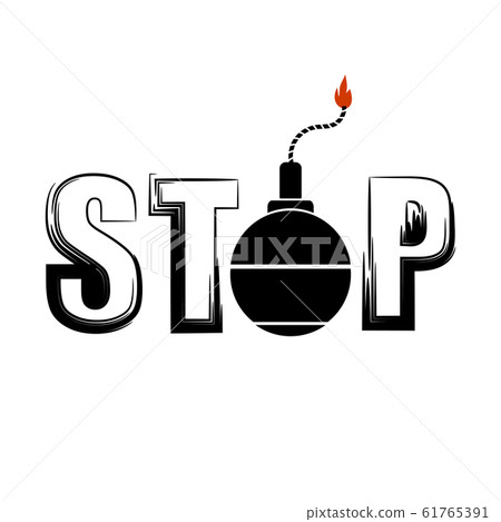 Black Burning Bomb Icon and Grunge Ink Text. Stop War Banner Black Burning Bomb Icon and Grunge Ink Text. Stop War Banner 61765391