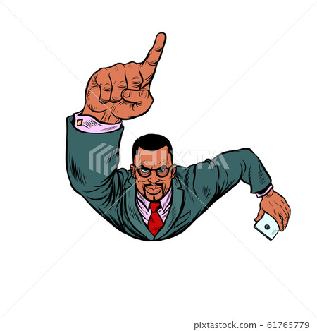 African businessman with a smartphone index finger up. Flying like a superhero African businessman with a smartphone index finger up. Flying like a superhero 61765779