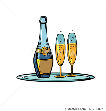 A bottle of champagne with glasses on a tray. Celebration 61766074