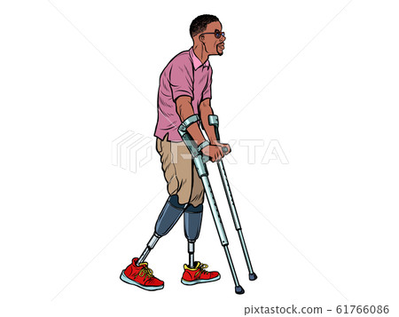 legless african veteran with a bionic prosthesis with crutches. a disabled man learns to walk after an injury. rehabilitation treatment and recovery 61766086