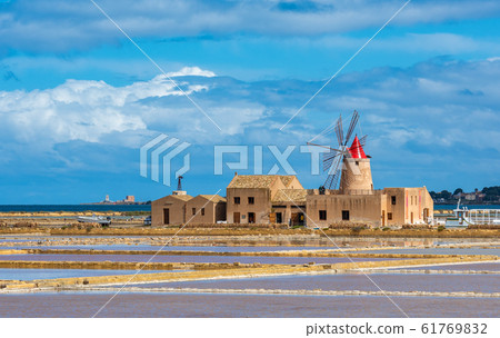 Windmill at Marsala salt pans, Sicily, Italy 61769832
