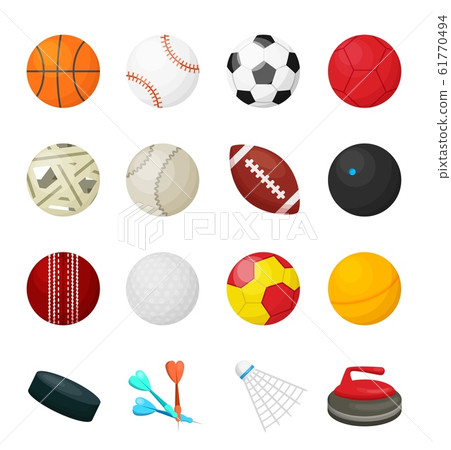 Game balls. Flat sport equipment for soccer football basketball hockey baseball games. Vector set of sport balls isolated on white