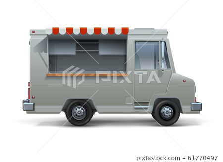 Food truck. Realistic mockup of ice cream or street food trailer with open window, canteen on wheels isolated on white. Vector cargo van 61770497