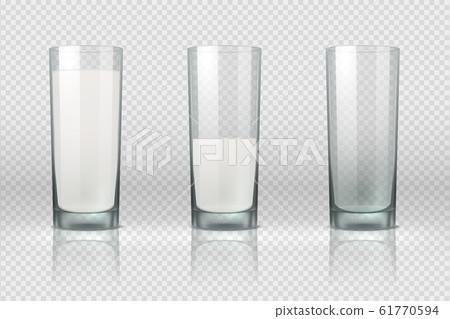 Milk glass. Realistic empty, half full and full glass with milk isolated on transparent background. Vector set 61770594