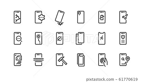 Smartphone repair icons. Dropped phone with cracked screen, broken tempered glass protection, water resistance. Vector set 61770619