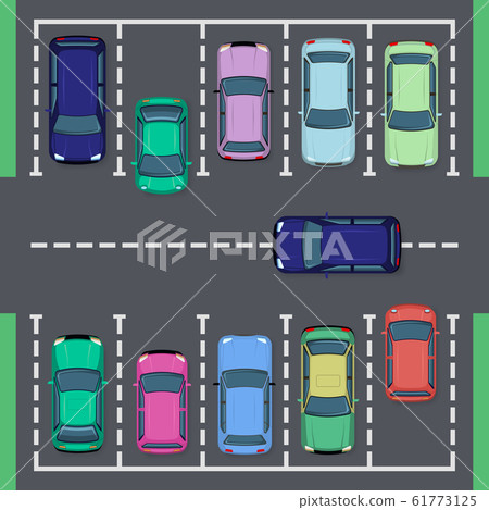 Street car parking. Top view street vehicle, public parking zone views and auto transport parking area, city auto park vector illustration set Street car parking. Top view street vehicle, public parking zone views and auto transport parking area, city auto park vector illustration set 61773125