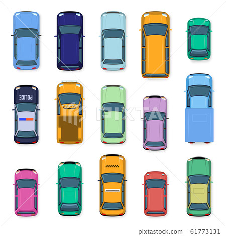 City car top view. City traffic cars roof, street vehicle taxi, police, subcompact and jeep car above view. Auto transport isolated vector illustration set 61773131