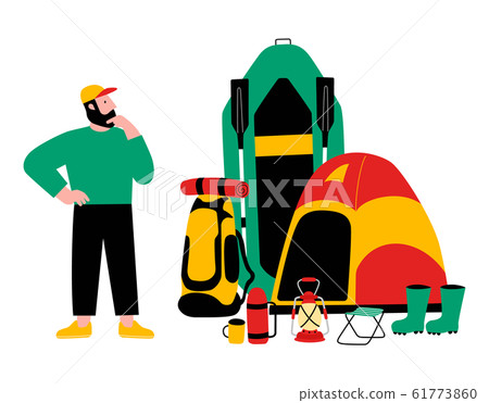 Tourist, travel preparation. Equipment for hike. A puzzled man. Vector flat cartoon illustration. 61773860