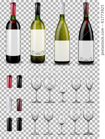Wine glasses and bottles. Caps closing the stopper bottle. 61773925