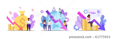 set businesspeople frustrated about financial crisis bankruptcy investment risk concept mix race colleagues brainstorming stopping economic arrow falling down full length horizontal 61773933