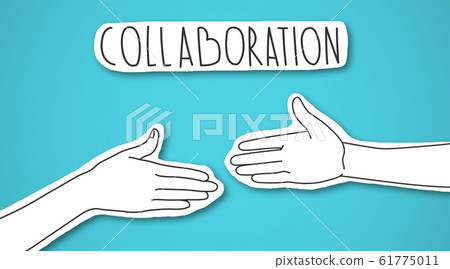 Two arms stretching towards each other under collaboration lettering 61775011