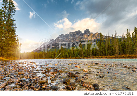 Sunrise on Castle mountain and bow river at Banff Sunrise on Castle mountain and bow river at Banff 61775191