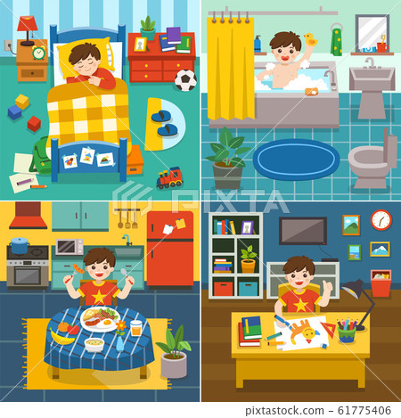 The daily routine of Boy sleeping, taking a bath, have breakfast, drawing the picture. The daily routine of Boy sleeping, taking a bath, have breakfast, drawing the picture. 61775406