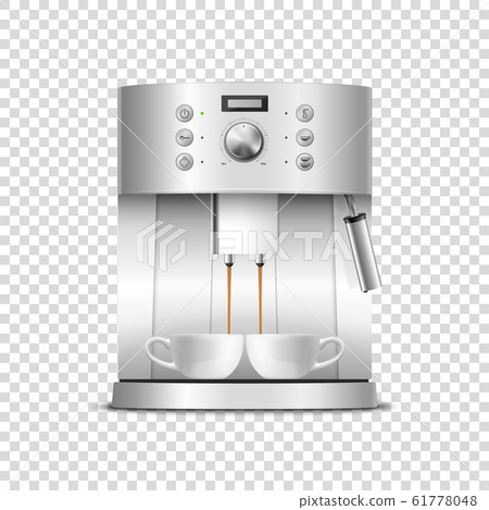 Vector 3d Realistic Modern Metal Chrome Steel Silver Espresso Coffee Machine with Two White Coffee Mugs Closeup Isolated on Transparent Background. Design Template of Coffee Maker, Mockup. Front View 61778048