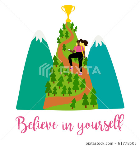Positive motivation female vector illustration with girl, mountains and trophy on the top 61778503