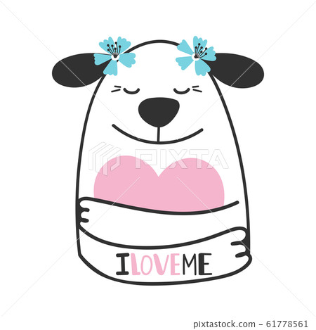 Cute doodle dog hugs heart Cute doodle dog hugs heart 61778561