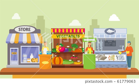 Girls promoters offer, advertise goods vector illustration. Counters with products promo demonstration on market. Woman handing out flyers. Dairy, vegetable, fish stores. 61779063