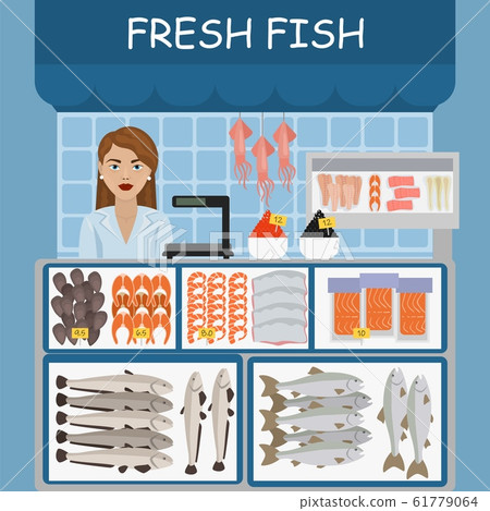 Fish market vector illustration. Fresh raw fish and seafood in assortment on kiosk counter. Salmon, squid, clams, caviar. Young pretty woman seller girl. 61779064