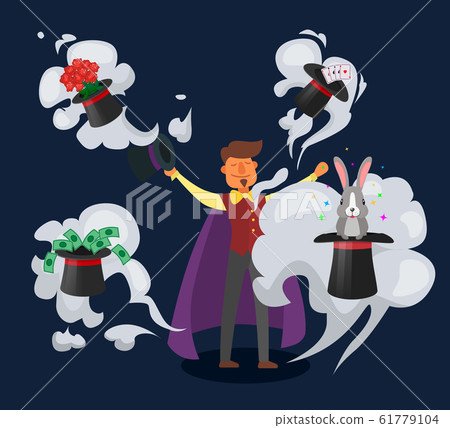 Magician wizard man illusionist on circus tricks performance fantasy show vector illustration. Magic tools hat rabbit. Mystery magical fairytale fun entertainment. 61779104