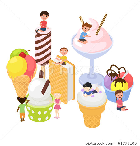 Big ice cream and happy children mini boys, girls climbing on it, vector illustration isolated. Various ice cream dessert vanilla, fruits and berries flavour. Big ice cream and happy children mini boys, girls climbing on it, vector illustration isolated. Various ice cream dessert vanilla, fruits and berries flavour. 61779109