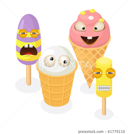 Cute funny ice cream characters vector illustration. Colorful ice cream cone waffle, popsicle on steak. Frozen sweet food dessert vanilla fruits berries flavour. 61779110