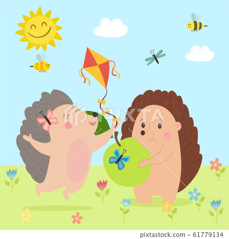 Two hedgehog on nature vector illustration. Cute cartoon wild animal hedgehogs together on flowering meadow with kite, apple. Happiness, friendship, love greeting card. Two hedgehog on nature vector illustration. Cute cartoon wild animal hedgehogs together on flowering meadow with kite, apple. Happiness, friendship, love greeting card. 61779134